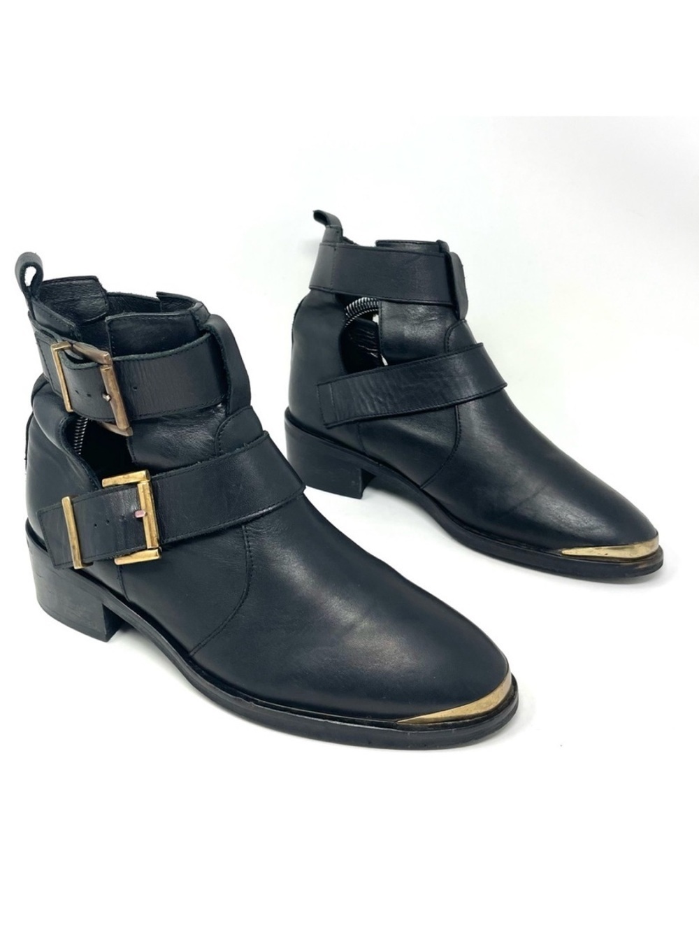 KG Kurt Geiger Black Leather Moto Buckle Ankle Boots Size 38